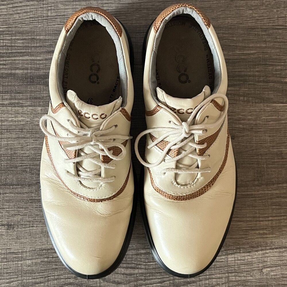 Ecco Gore-Tex Breathable Comfort Size 37 (6.5 US) Beige & Tan Golf Shoe w/Spikes - Picture 5 of 9